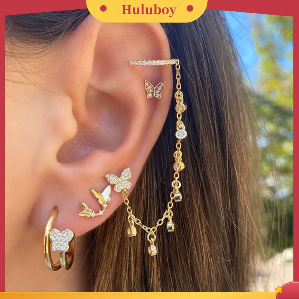 Hu Hu Hu Hu Hu Alat Bantu Pasang Kacamata♡ 4pcs / Set Anting Stud Rantai Bentuk Kupu-Kupu Bahan Alloy Untuk Wanita