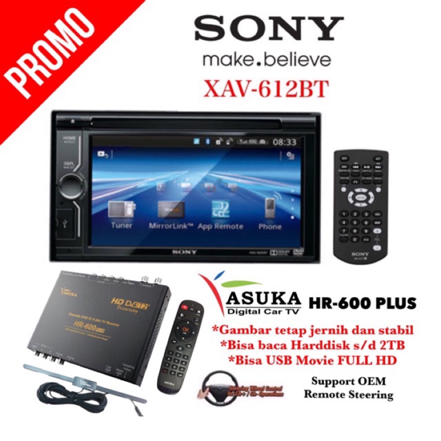 PAKET Sony XAV-612BT Double Din Head Unit XAV 612 BT Tape Mobil & ASUKA HR-600 TV Tuner Digital