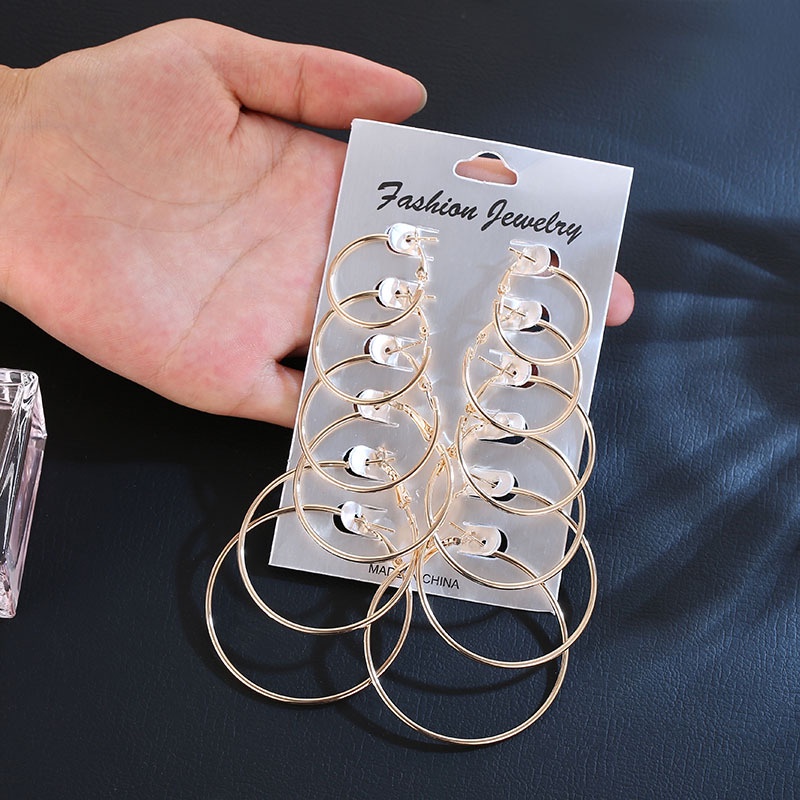 6Pasang/Set Anting Hoop/Bulat Ukuran Kecil Ke Besar Fashion Wanita Korea Aksesoris Murah