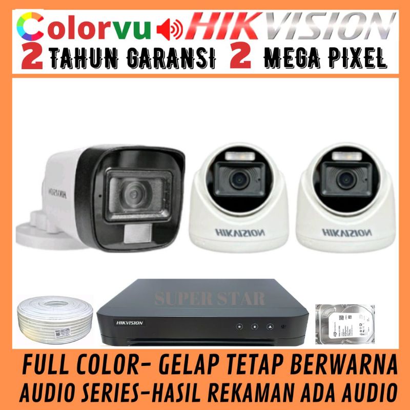 PAKET CCTV COLORVU HIKVISION 4 CHANNEL 3 KAMERA 2MP AUDIO FULL COLOR