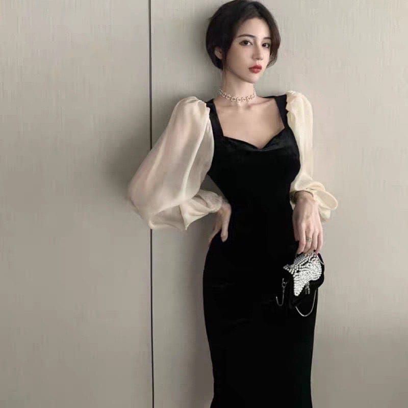 Dress lengan balon import dress korea BS retro dress bangkok Premium super soft DRESS BANGKOK 65888