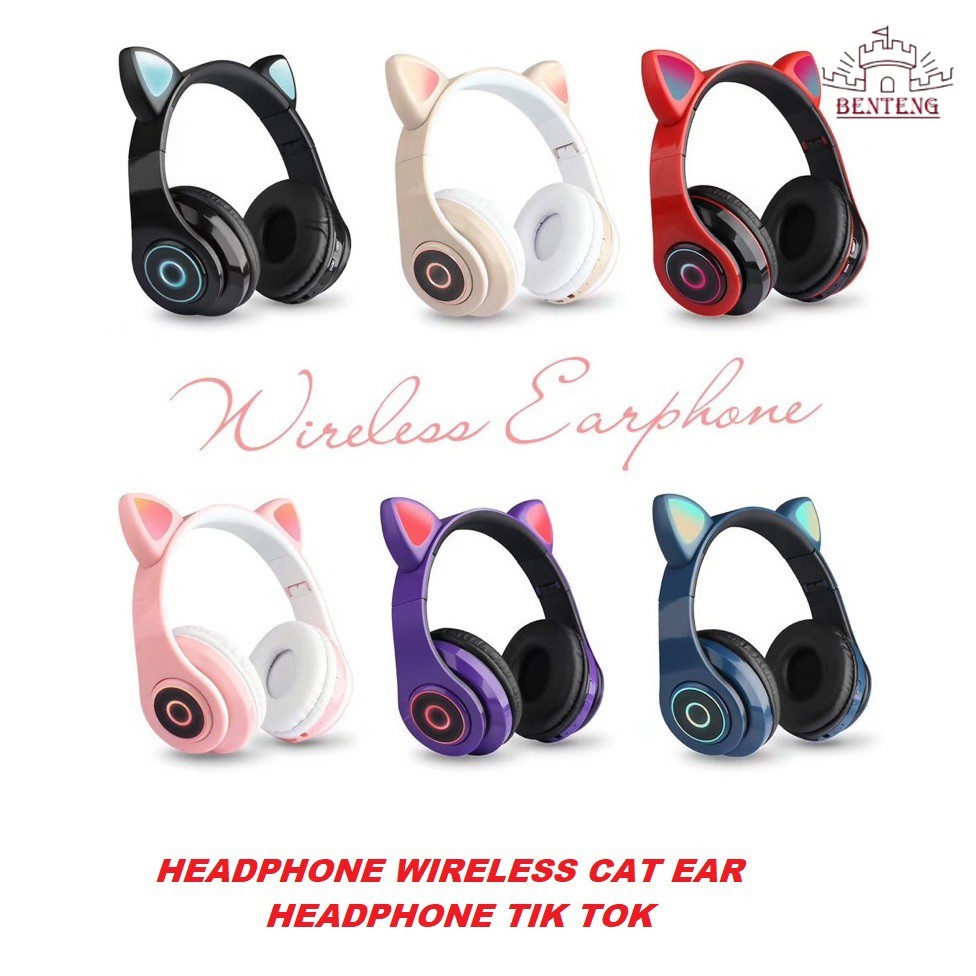 B39- Cat Ear Headphone Wireless Bluetooth Headset Bando LED Extra Bass