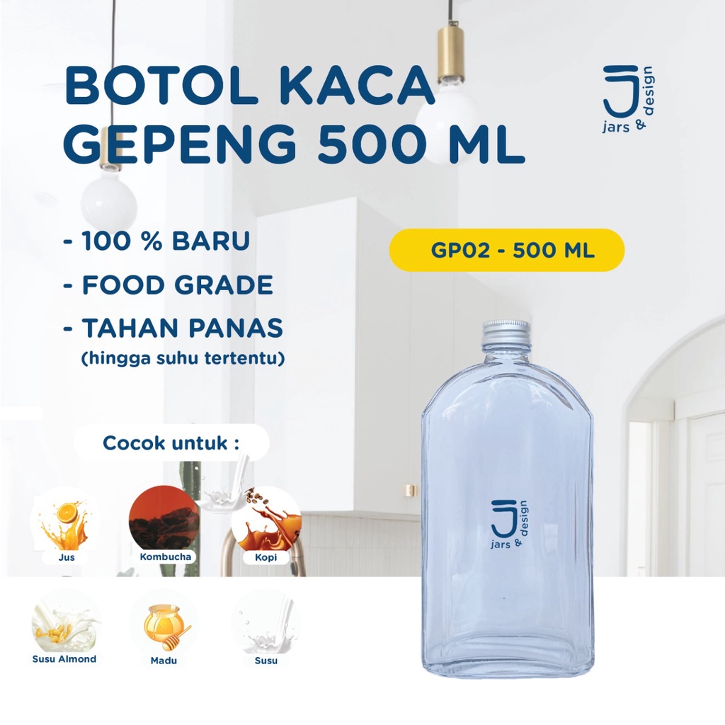 GP02 - Botol Kaca Gepeng 500ml Tutup Aluminium