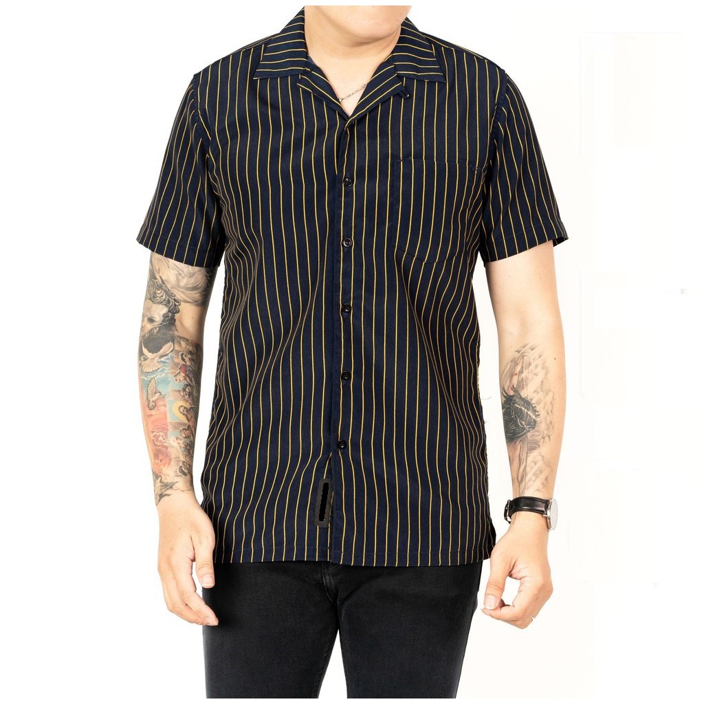 Zaffa Kemeja Salur Pria Lengan Pendek  Kerah Pantai Katun Motif Stripe Garis Hitam Bowling Shirt Unisex Z-1008