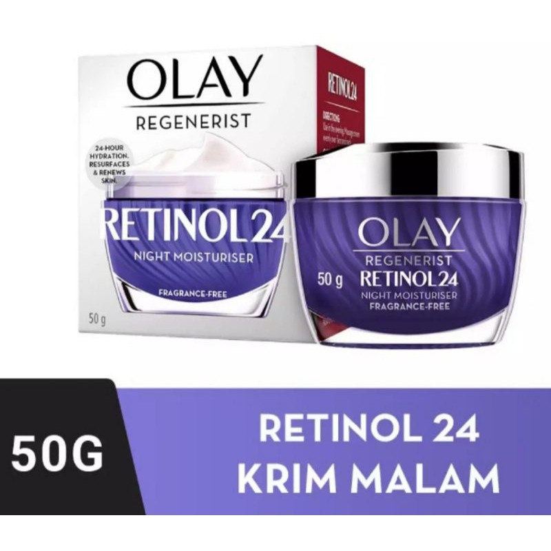 NIGHT Cream Olay Regenerist RETINOL 24 Krim Pelembab Anti Aging Skincare 8gr / 50 gr Ukuran Besar - Kemasan Ungu - Crem Malam Krem