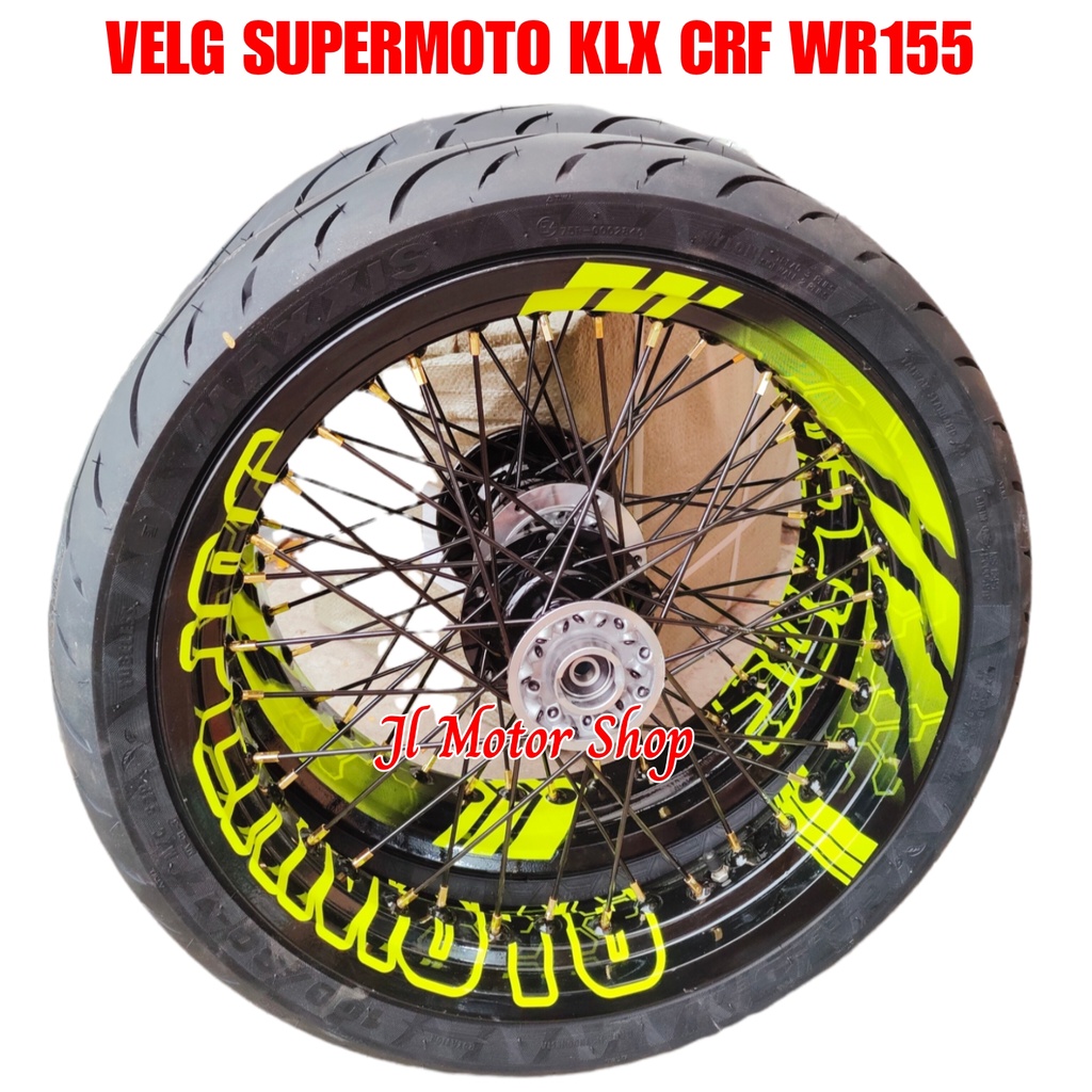 WHEELSET PAKET VELG SUPERMOTO SUPER MOTO KLX 150 CRF 150 CRF150 L WR155 WR 155 D-TRACKER MOTIF TULISAN SUPERMOTO PROTECH PLUS CUSTOM BAN MAXXIS ZENEOS SWALLOW