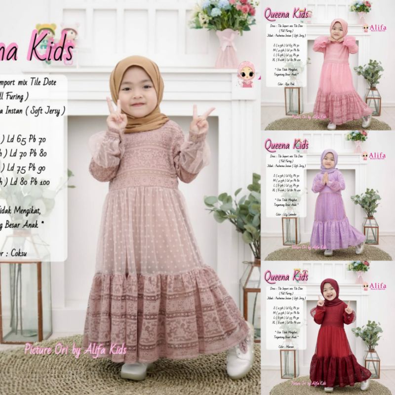 GAMIS TILE ANAK PEREMPUAN [READY SUDAH TERMASUK JILBAB] QUEENA KIDS ori berlable ALIFA