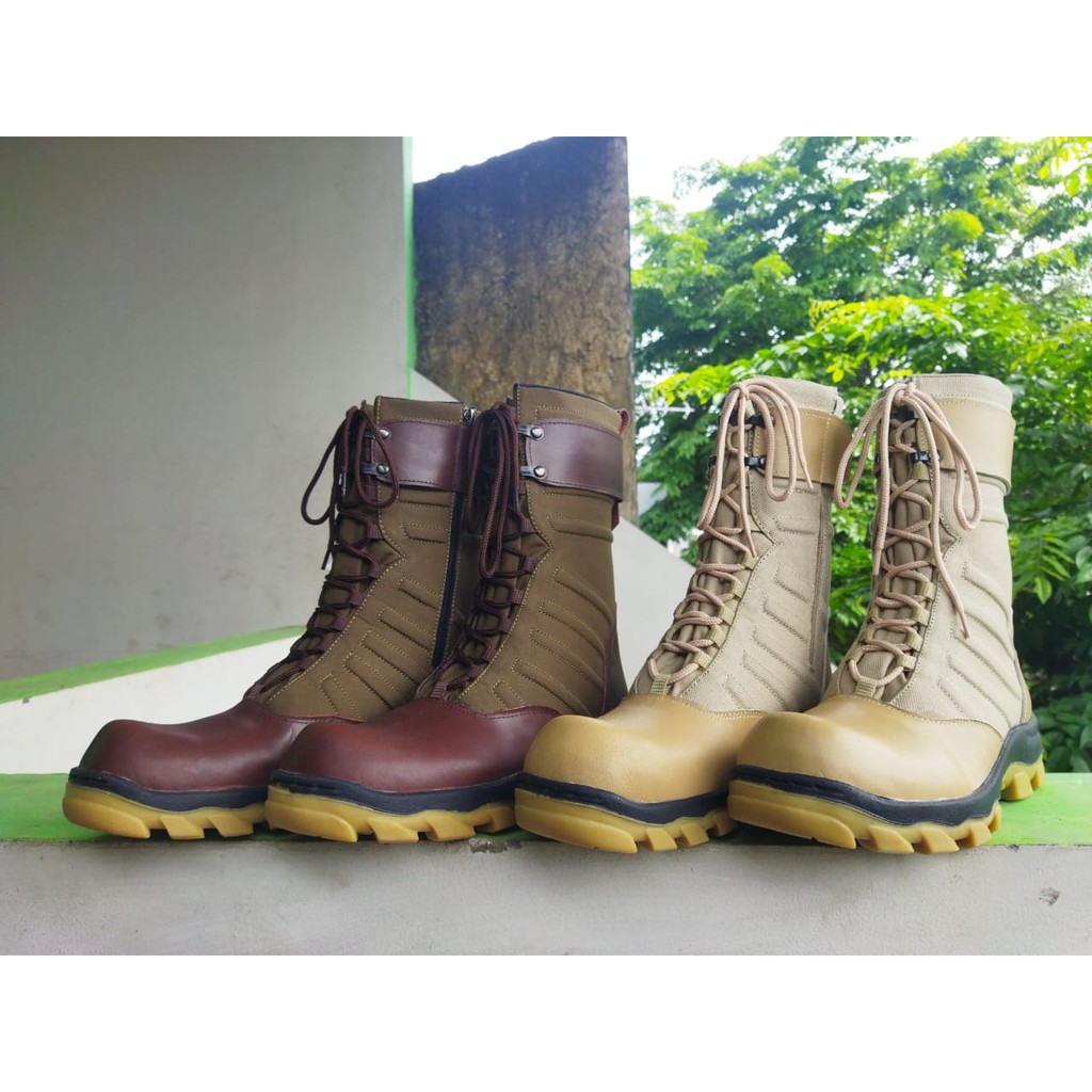 SEPATU BOOTS ZIMZAM PDL NINJA TNI POLISI SOL DR COKLAT TUA DAN CREAM KULIT ASLI