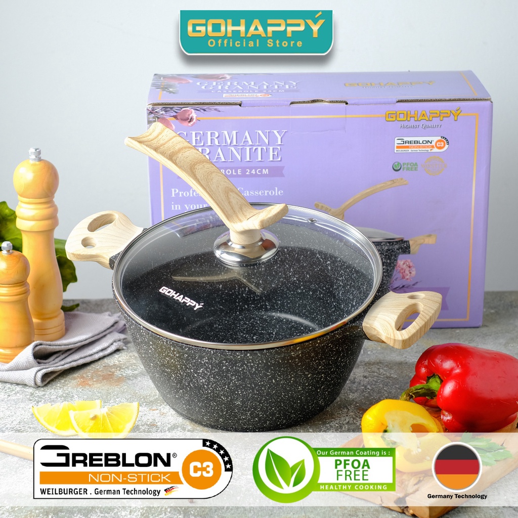 GERMANY GRANITE Casserole 24cm with glass lid GOHAPPY GHG86 Panci stock pot Greblon German Granit an