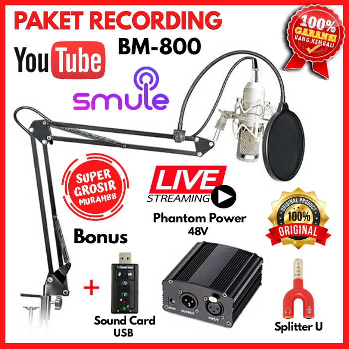 PAKET RECORDING Microphone Mic BM 800 BM800 BM-800 Stand Mic Pop Filter Phantom Power 48V