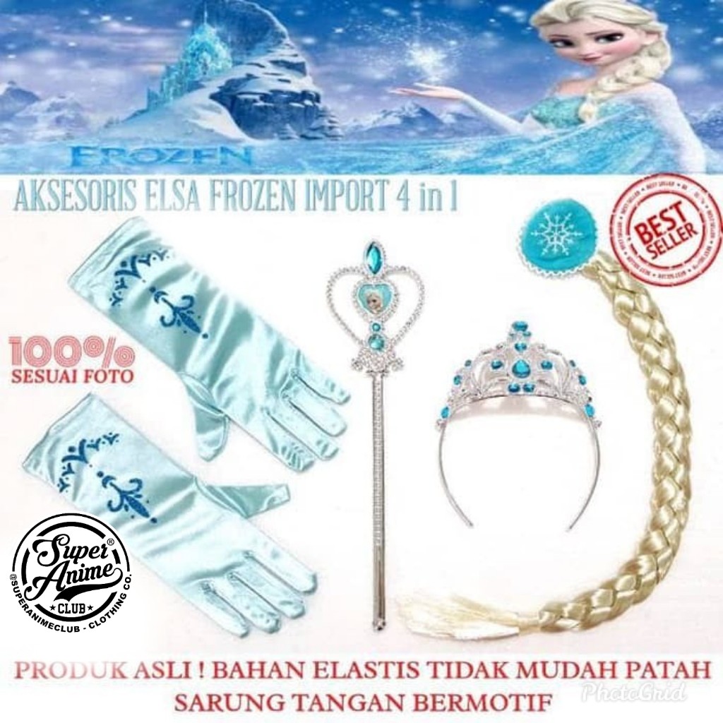 Aksesoris Elsa Frozen 4 in 1 Tongkat Sarung Tangan Rambut Bando Mahkota