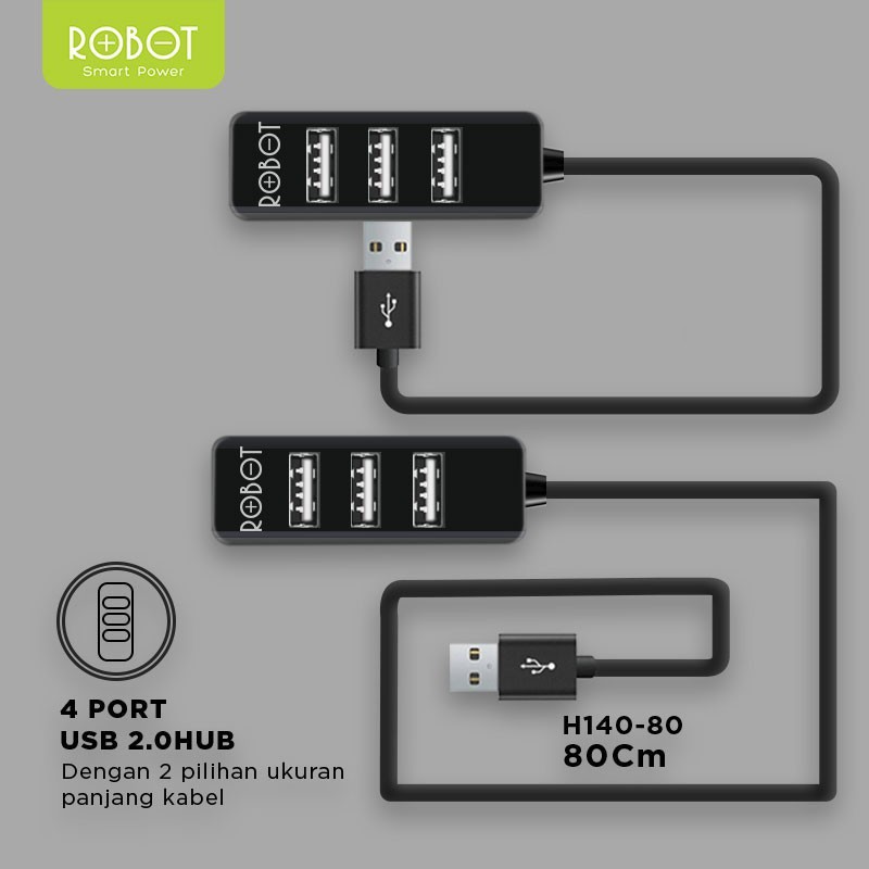 USB HUB 4 Port Robot H140-80 (Panjang Kabel 80cm) - Garansi Resmi 1 Tahun