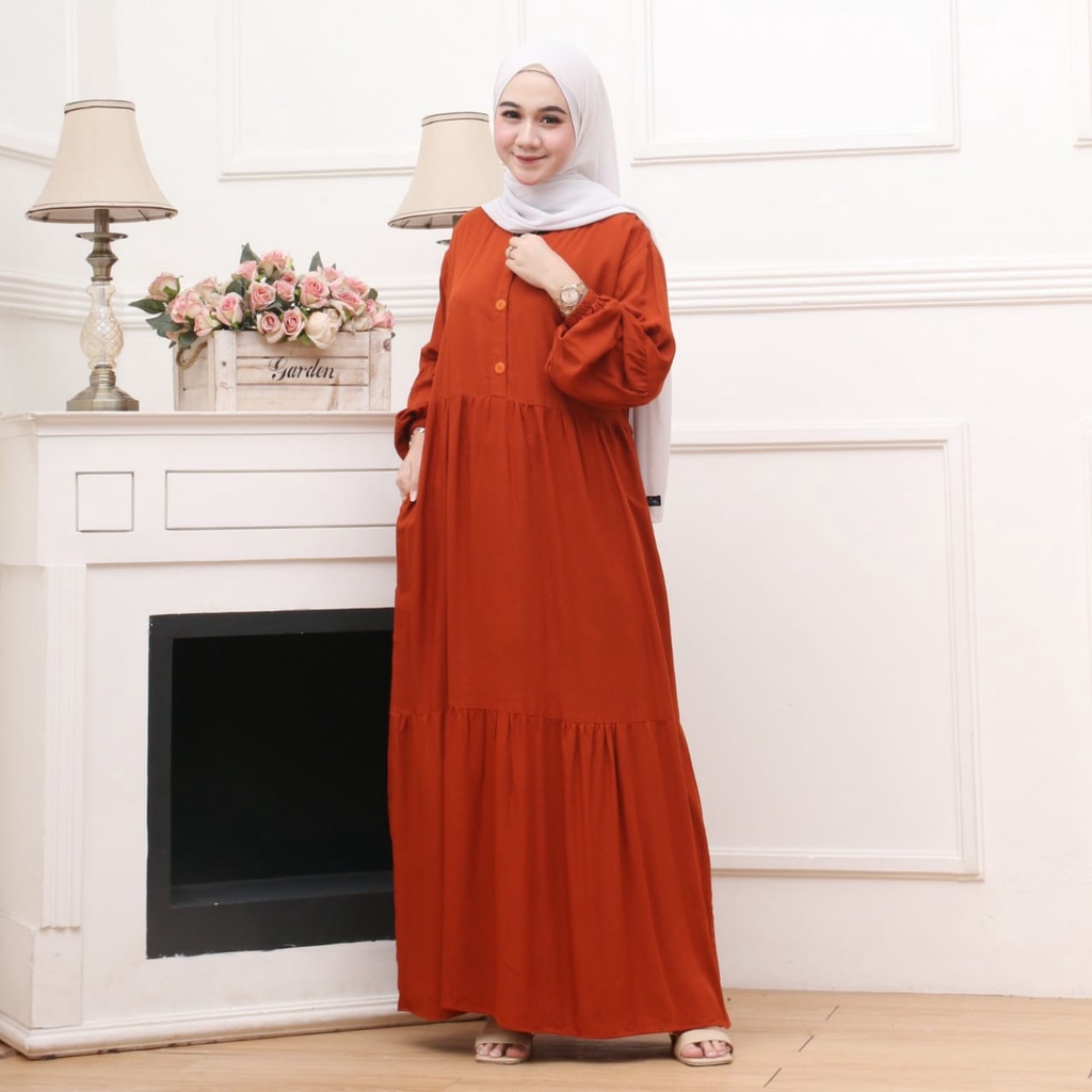 Gamis Rayon Polos Susun Canda Lengan Balon Busui Kancing Depan