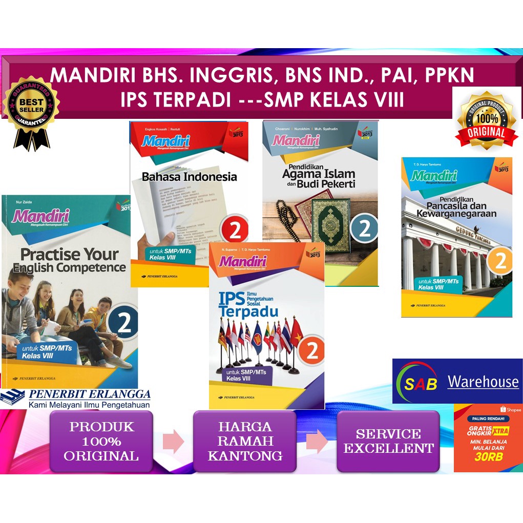 SERI BUKU MANDIRI B INGGRIS, B INDONESIA, PAI, IPS TERPADU, PPKN SMP/MTS KELAS 8 PENERBIT ERLANGGA