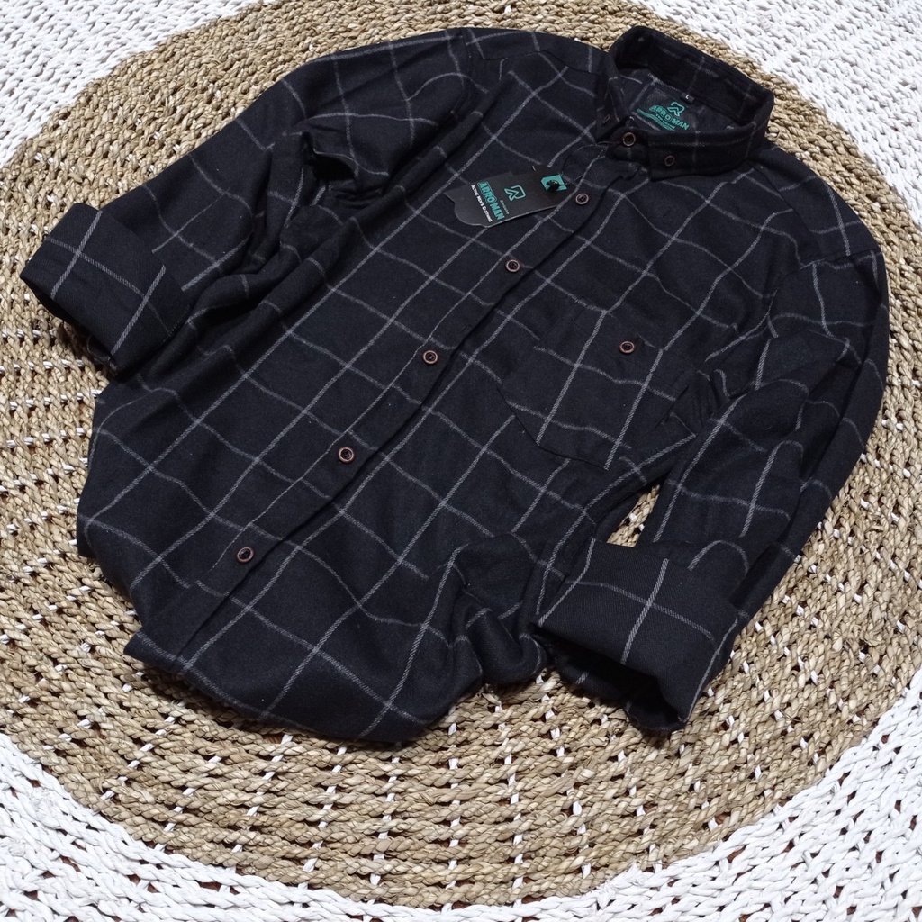 Kemeja Flanel motif kotak lengan panjang slim fit pria long sleeve Coklat garis biru