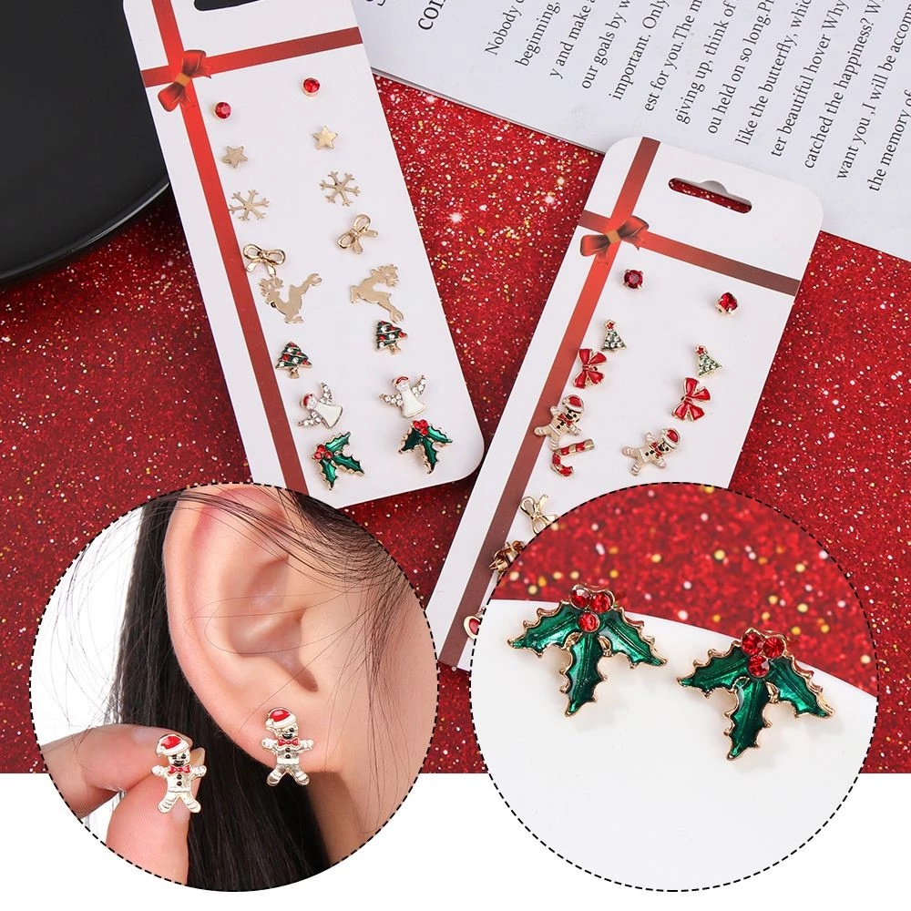 8 Pasang / Set Anting Stud Desain Pohon Natal Rusa Snowman