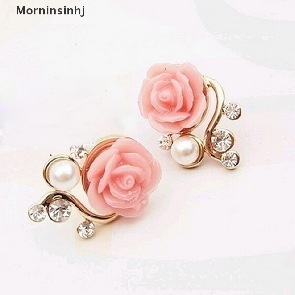 Mornin Wanita Manis Fashion Earings Rose Shaped Mutiara Buatan Berlian Stud Earrings id