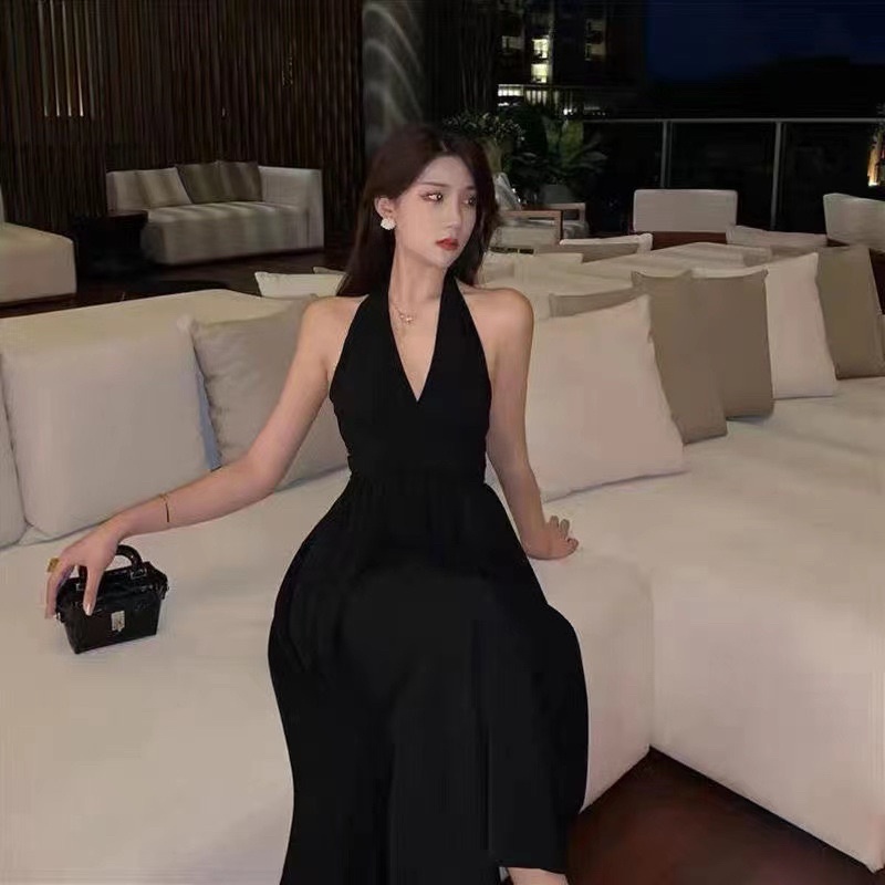 H7/D9 Korean long dress V neck halter black / dinner dress / dress pantai / midi dress A line