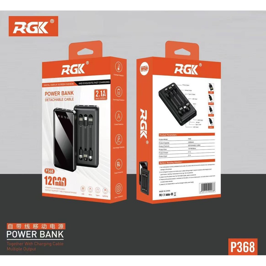 PowerBank RGK P368 Isi Real Full 12.000mAh 2.1A Fast Charging Dual USB LED Power Display