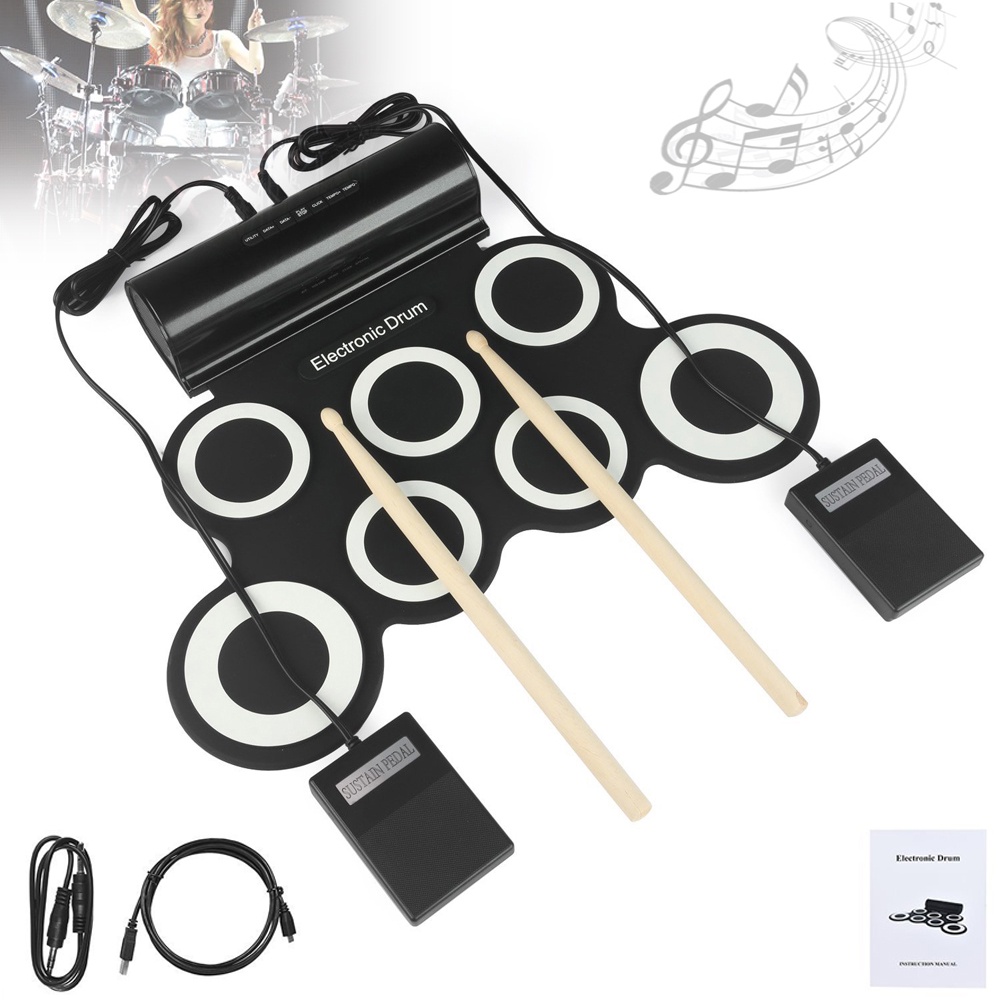 Set Drum Elektronik 7 Pad Silikon Gulung Portable 2 Warna Dengan Speaker Built-in + Stik Sustain Pedal