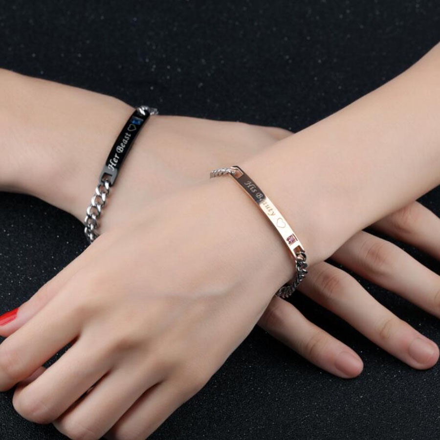 His Queen &amp; Her King Gelang Pasangan Perak Stainless Steel Rose Gold Hitam Kristal Berlian Fashion Pria Wanita Couple Bracelet