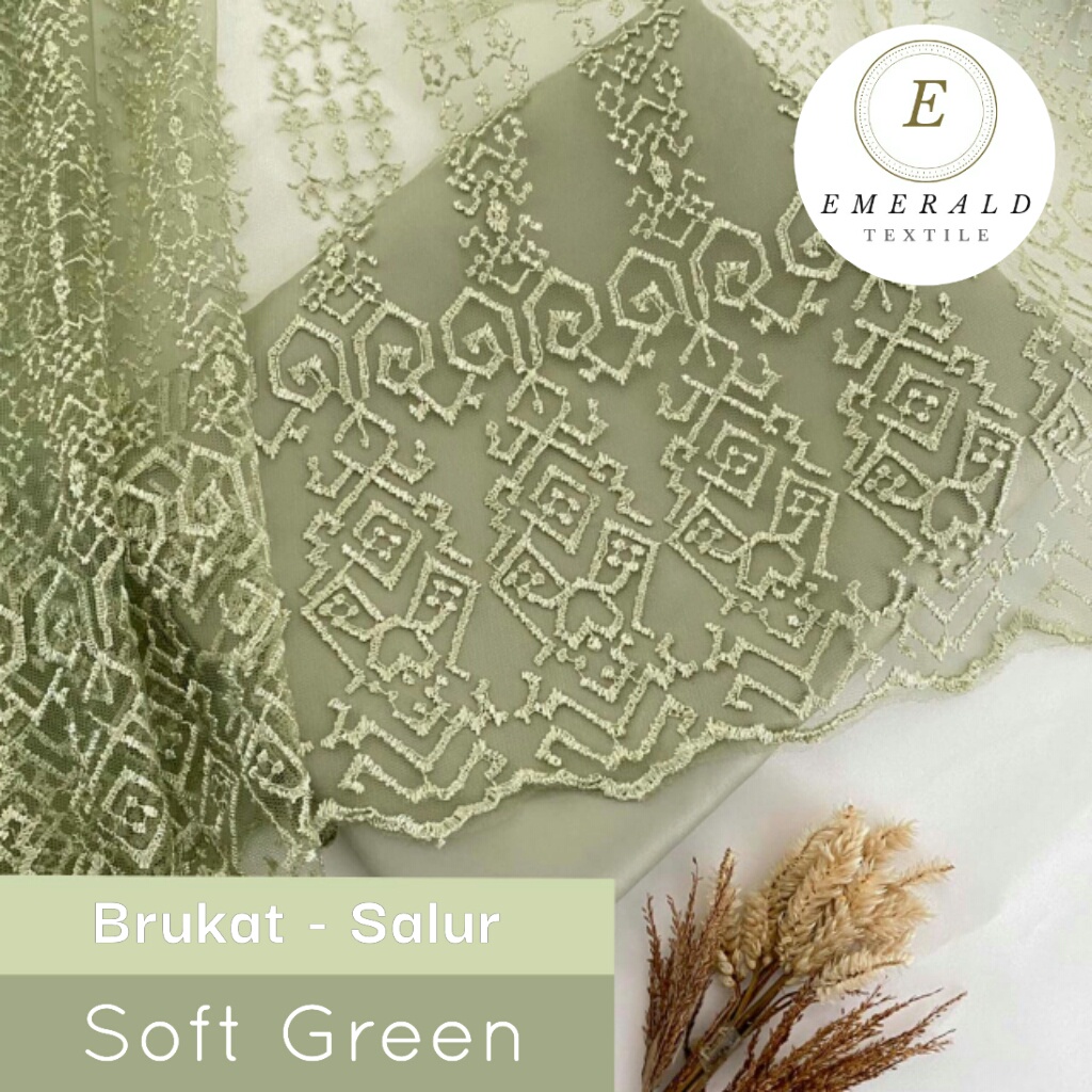 SETENGAH METER Kain Brokat Tile Prancis Bahan Kebaya Motif Salur - Soft Green/Avocado ( HARGA PER 50cm KAIN )