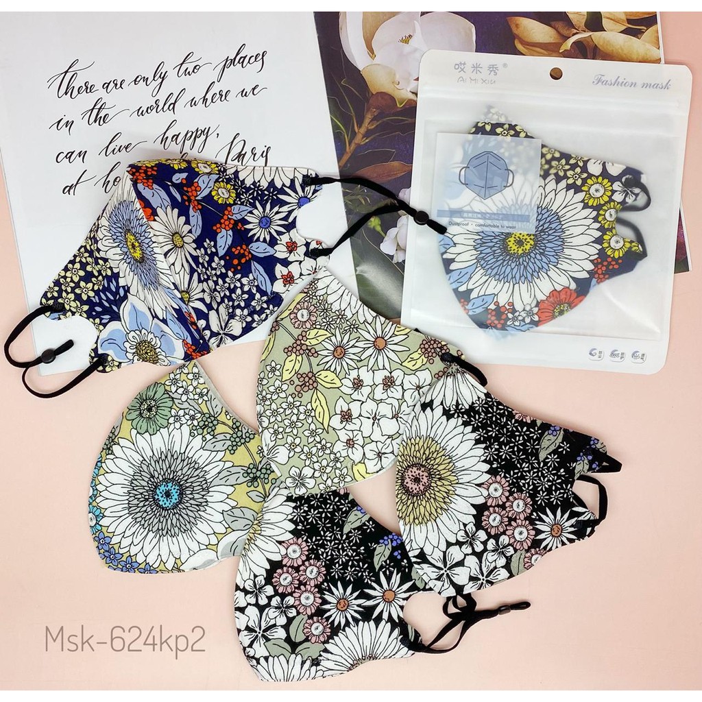 Masker Mulut Motif Batik FLOWERS  3PLY Kain Model KN95 premium Quality adjustable fashion Mask