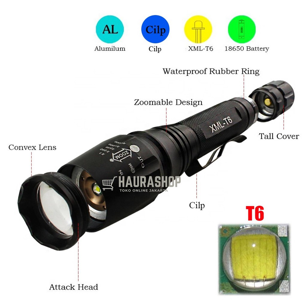 ( X8 1 Paket ) Senter LED Jarak Jauh Waterproff Anti Air Cree XM-L T6 3800 Lumens + 2 Baterai Dan Charger