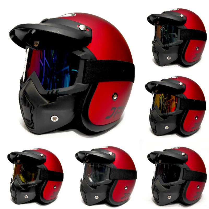 HELM BOGO JPN RETRO ARC merah maroon dop+gogle mask