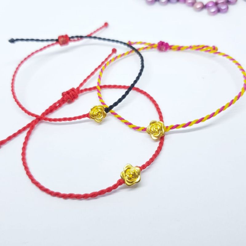 Gelang Tali ulir cina emas hongkong asli charm mawar 24 karat
