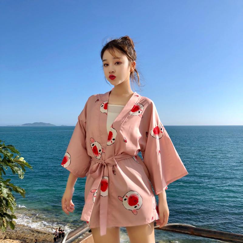 2022 Fashion Casual Pink Purple Street Beach Cardigan Kimono Wanita Motif Jepang Harajuku Kimono Longgar Warna 2023t