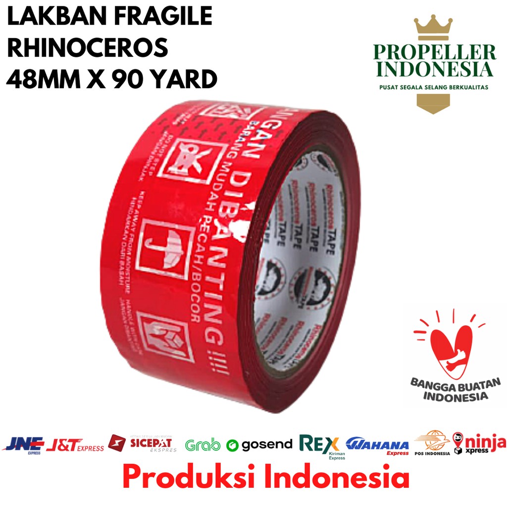 Lakban Fragile Merah RHINOCEROS Tape Selotip Isolasi 48MMx90YARD 2inci