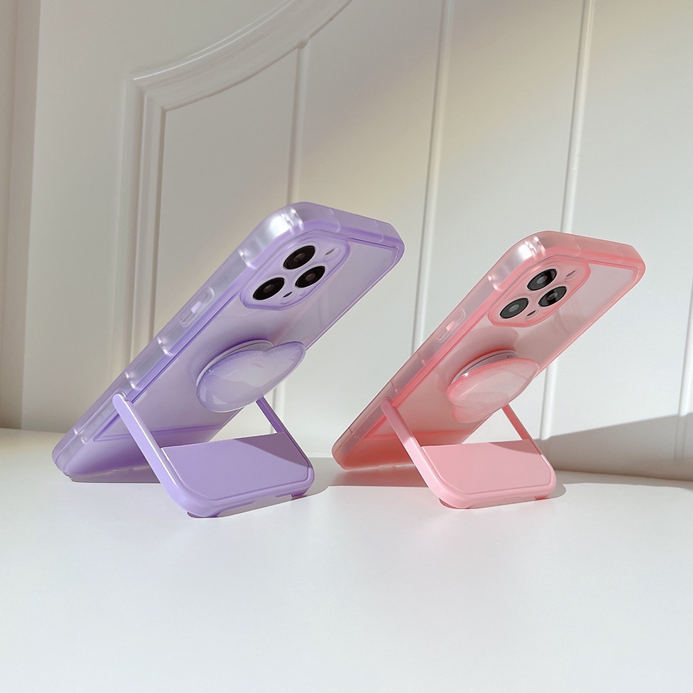 IPHONE 3d Love Heart Holder 2in1 Invisible Lipat Bracket Transparan Phone Case Cover Untuk Iphone7 8 PLUS X XR XS 11 12 13 14 PRO MAX SE 2020