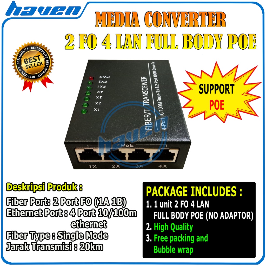 Media Converter 2 Port FO 4 Port LAN 10/100 / 2 FO 4 LAN Support POE