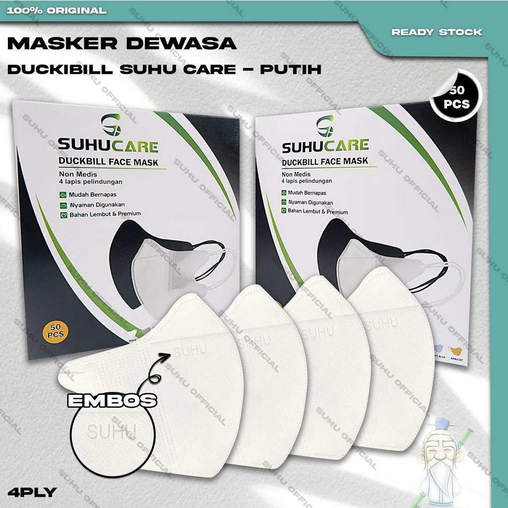 SUHUCARE Masker Duckbil 4Ply isi 50Pcs Warna Putih White Duckbill 4 Ply Earloop Surgical Mask