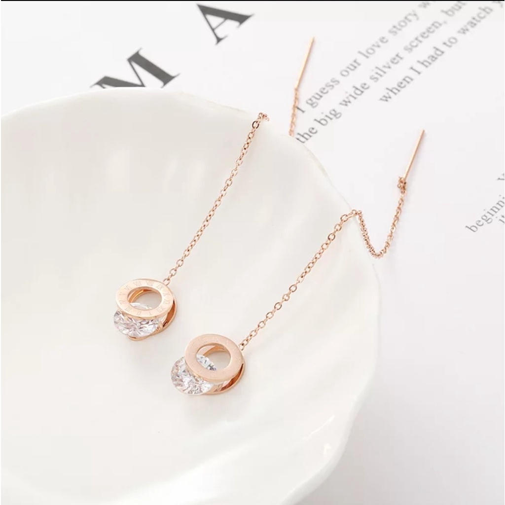 Anting Drop Titanium Rumbai Roman Bulat Angka Romawi Rose Gold, Gold dan Silver