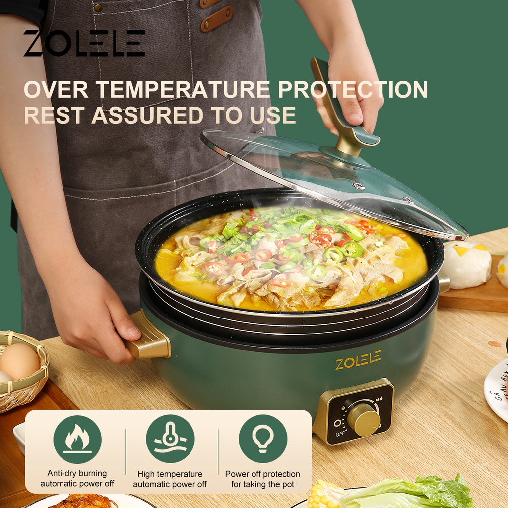 ZOLELE Panci Listrik Serbaguna Besar 6L Elektrik Cooker 3-Layer Portable Penanak Nasi Food Processor Pot Deep Fryer Steamer Non-stick Peralatan Dapur Panci Kukus Panci Rebus Mengukus Menggoreng Merebus Home Kitchen ZC300