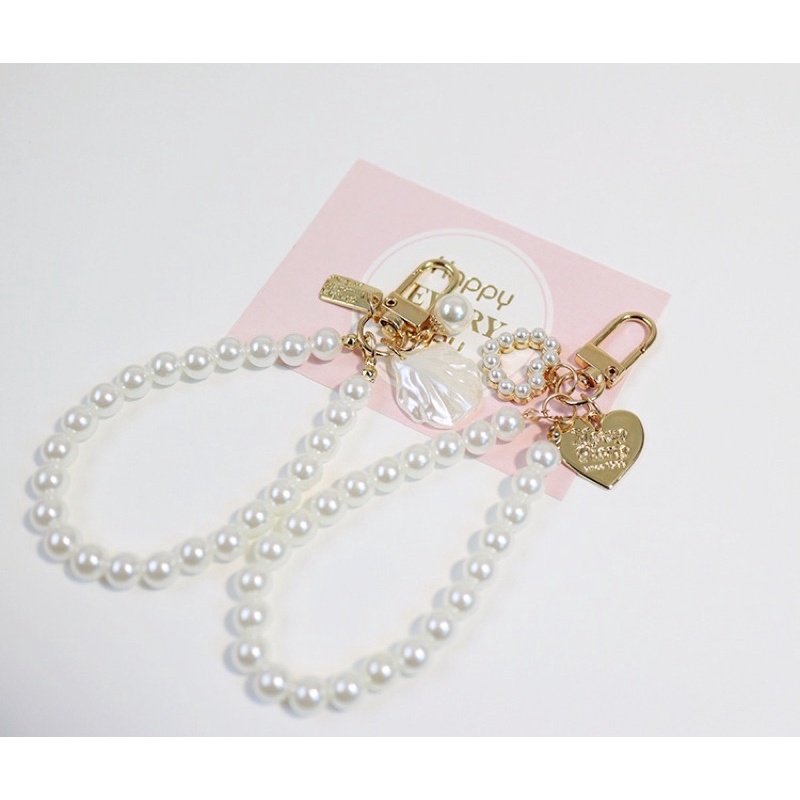 White Pearl Heart Chain Cantolan Gantungan HP Phone Chain Lanyard Lucu for Iphone Oppo Vivo Redmi Realme