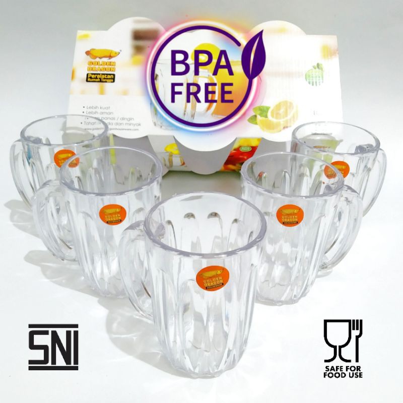 Gelas Melamin Putih Bening Gagang Relief Golden Dragon ½ lusin (isi 6 pcs)