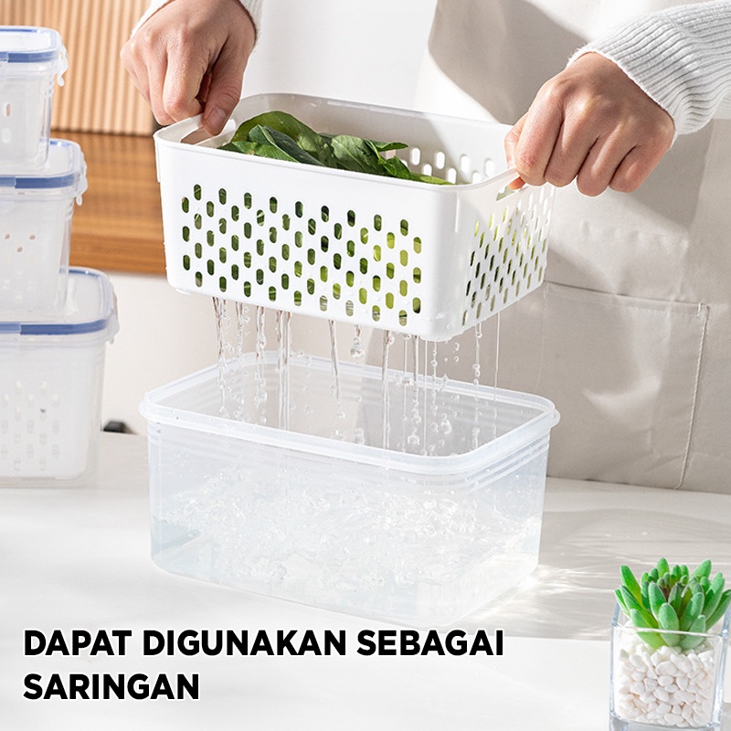 KOTAK MAKANAN KERANJANG PENGERINGAN 2 LAPIS MULTIFUNGSI PERSEGI KOTAK FOOD STORAGE DAPUR KOTAK PENYIMPANAN DENGAN TUTUP