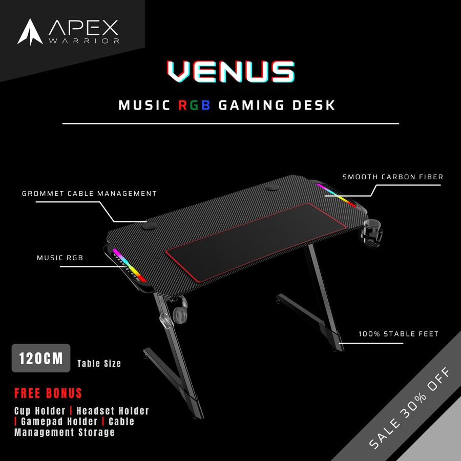 Meja Gaming Apex Warrior Venus Music RGB Gaming Desk Table