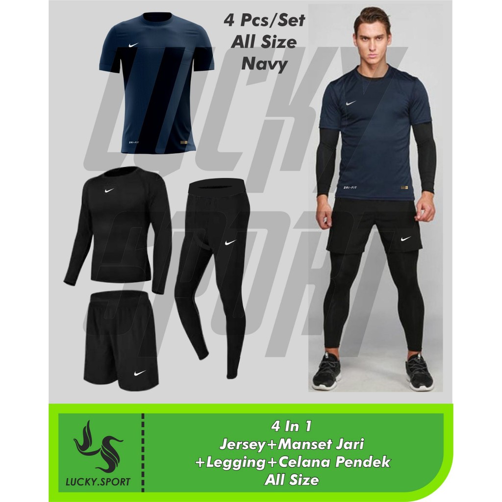 Paket 4 in 1 Baju Celana running Sepak bola jersey Legging pjg manset Panjang Banyak warna Mantap