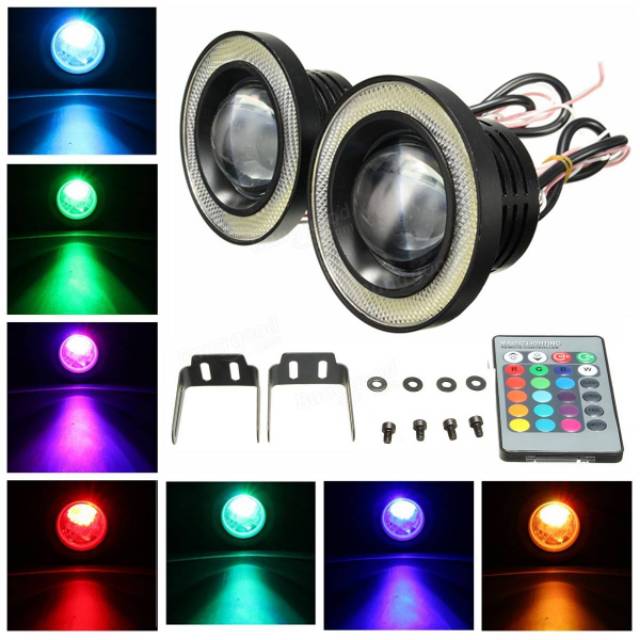 LAMPU FOGLAMP PROJECTOR 89MM UNIVERSAL LED RGB REMOT WARNA WARNI WITH ANGEL EYE WATERPROOF