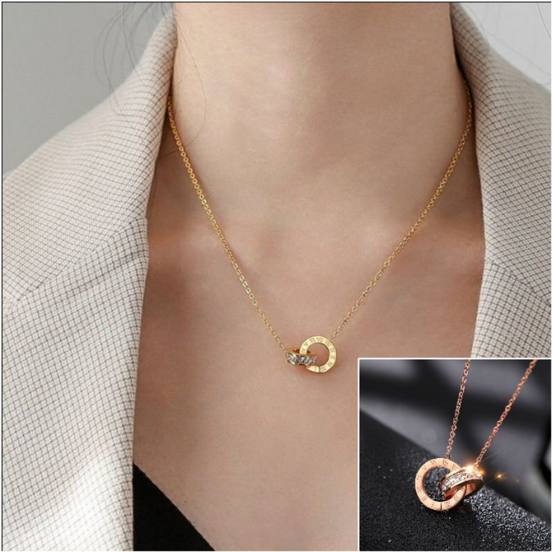Fourfashion Kalung Titanium Wanita Anti Karat Kristal Berlian Mewah Emas 18K Perhiasan Korea JX034