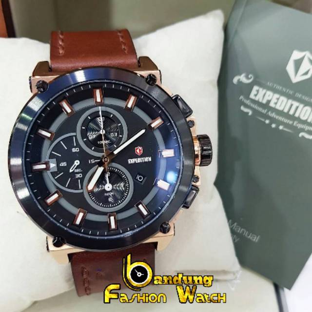 Jam Tangan Keren Elegant Pria Expedition E6612 Leather Brown Rosegold Original