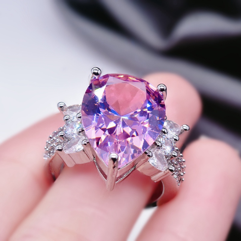 Cincin Bentuk Pir Hias Cubic Zirconia Warna Pink Model Minimalis Dapat Disesuaikan