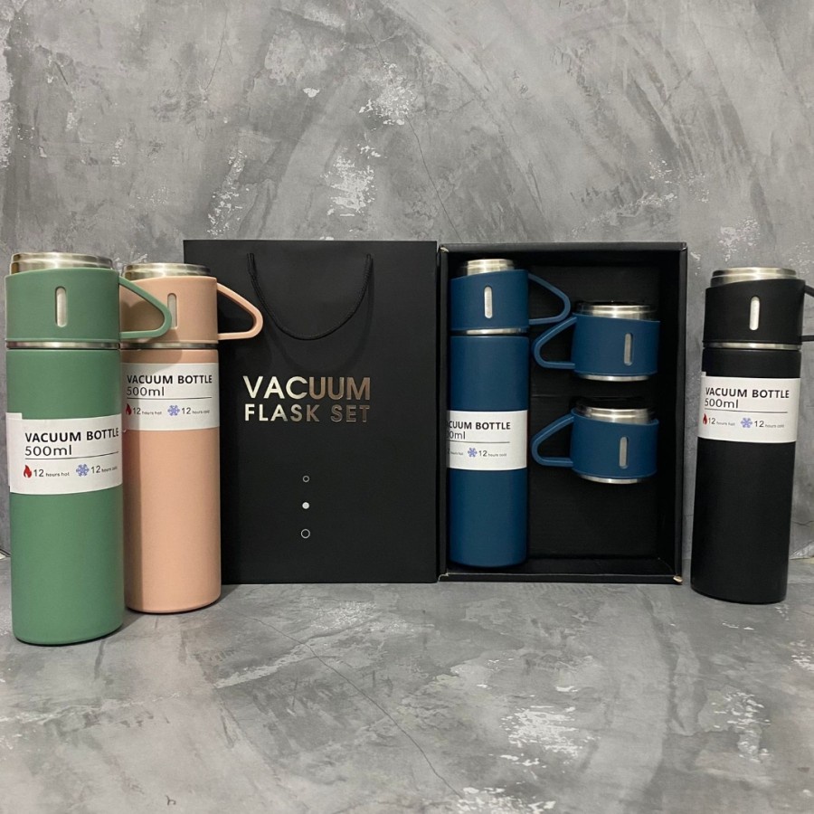 SET botol minum termos vacuum vakum 500ml flask set bonus 2 gelas - Botol Minum Termos 500ml Vacuum Cup Stainless Tahan Panas Gift Set - Termos tahan panas