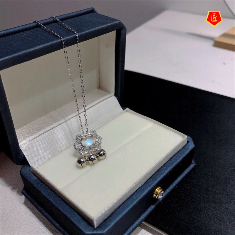 [Ready Stock]925 Silver Lock Wealth Lock Safe Little Bell Shape Pendant Blue Moonstone Necklace