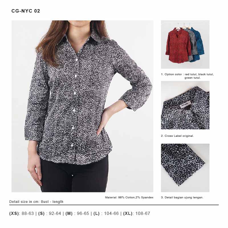Kemeja Wanita Lengan 7/8  Full Kancing Motif Tutul Bahan Katun Stretch-4