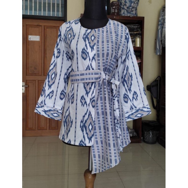 tey-17 Batik wanita ASJ SA HRB026 Kenongo Kemeja Tosca Pendek-Songket raster biru